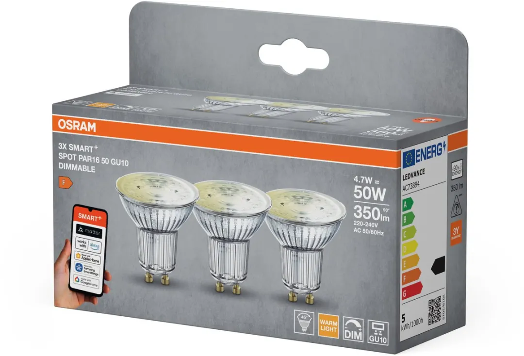 Osram Smart+ Matter PAR16 GU10 Spot 4,7W - 3 Stuks - Zilver