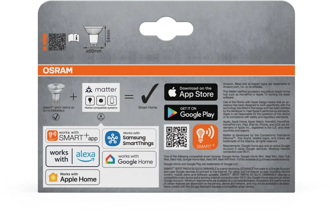 Osram Smart+ Matter PAR16 GU10 Spot 4,7W - 3 Stuks - Zilver