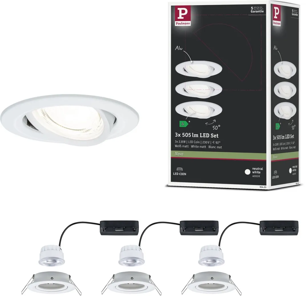 Paulmann Nova Coin LED-inbouwlamp 3x2,8W 505lm 84mm - 4000K Wit mat