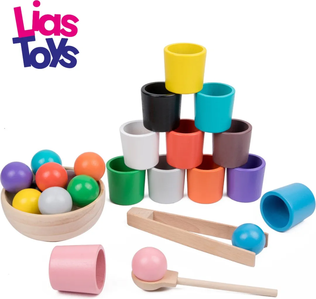 LiasToys Balls and Cups Houten Sorteerspel - 12 Bollen & Kopjes - Multi