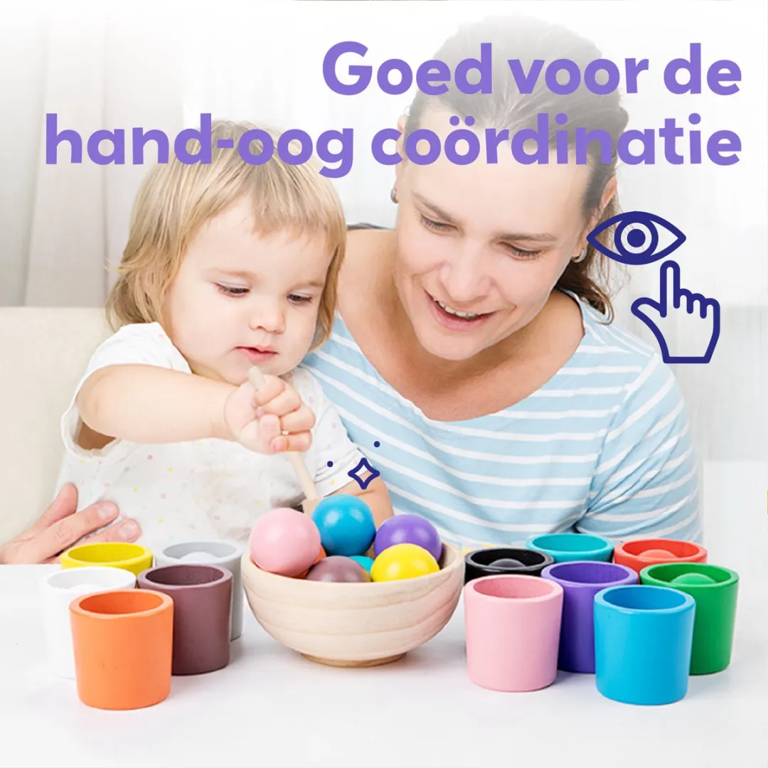 LiasToys Balls and Cups Houten Sorteerspel - 12 Bollen & Kopjes - Multi