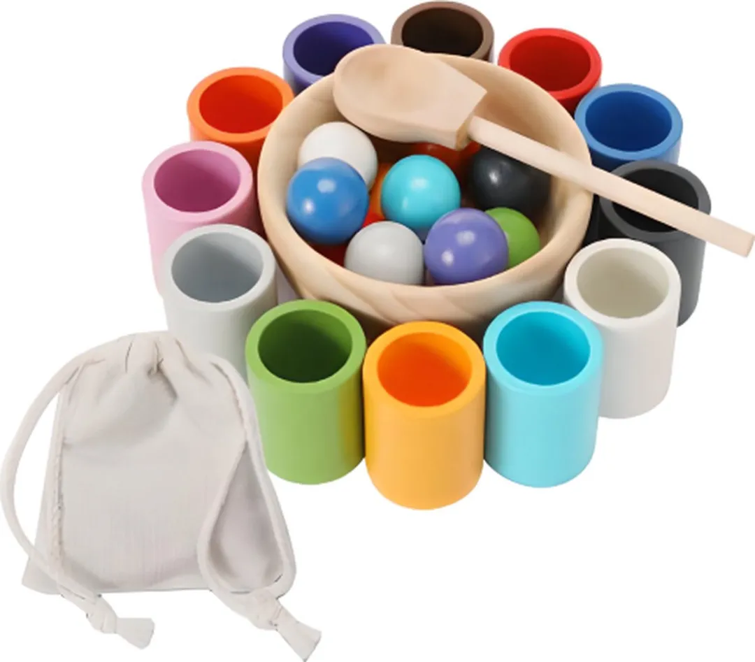 LiasToys Balls and Cups Houten Sorteerspel - 12 Bollen & Kopjes - Multi