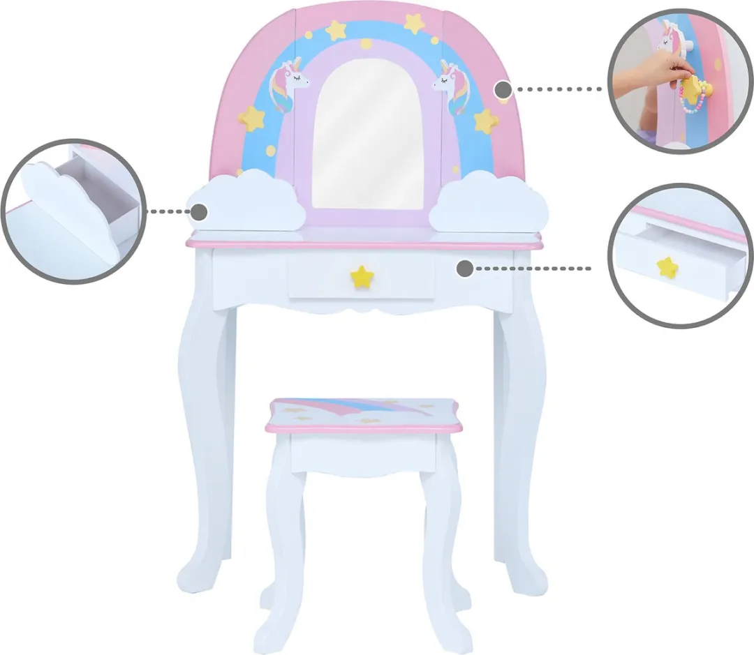 Teamson Kids Houten Kaptafel Roze/Regenboog - Tafel en Stoel Set