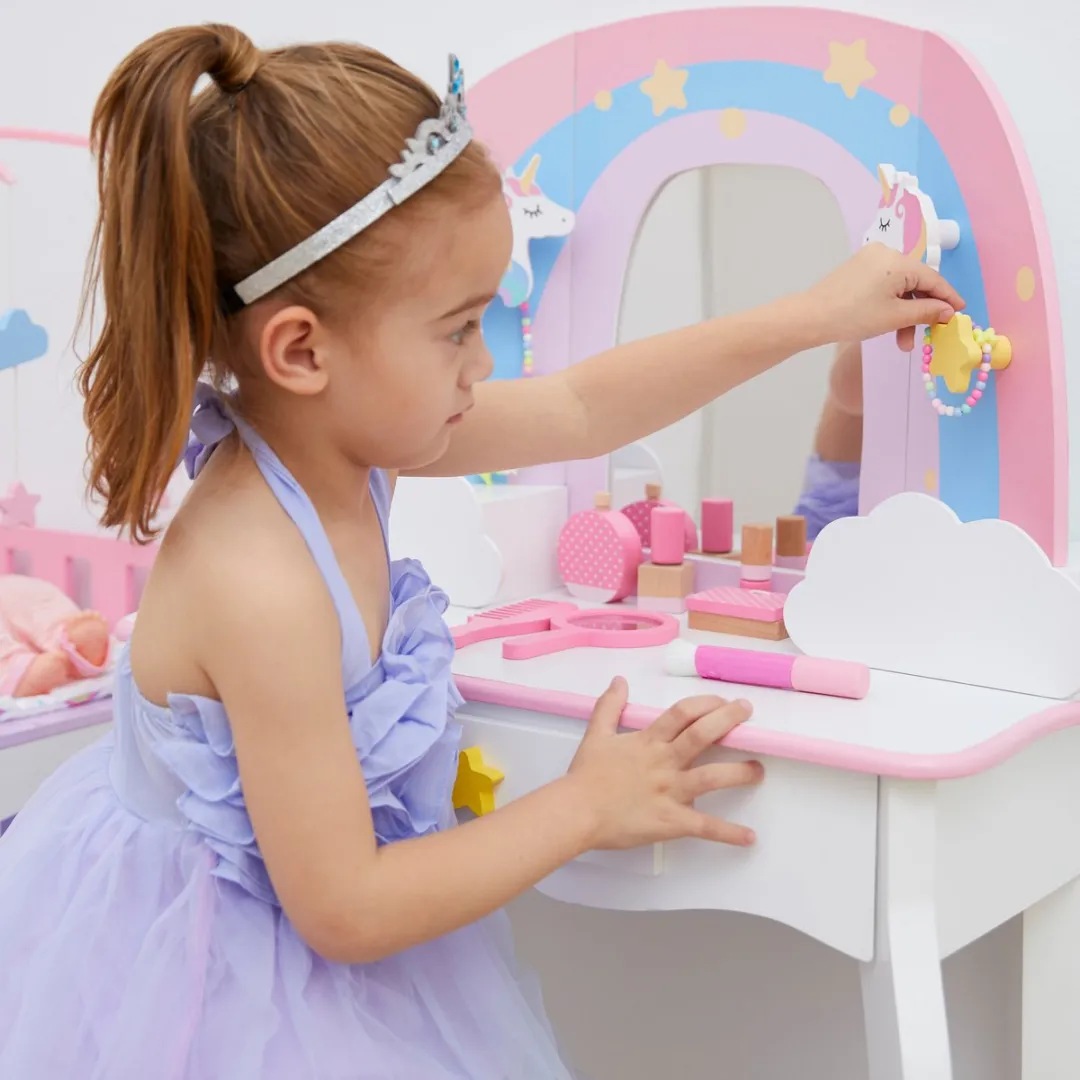 Teamson Kids Houten Kaptafel Roze/Regenboog - Tafel en Stoel Set