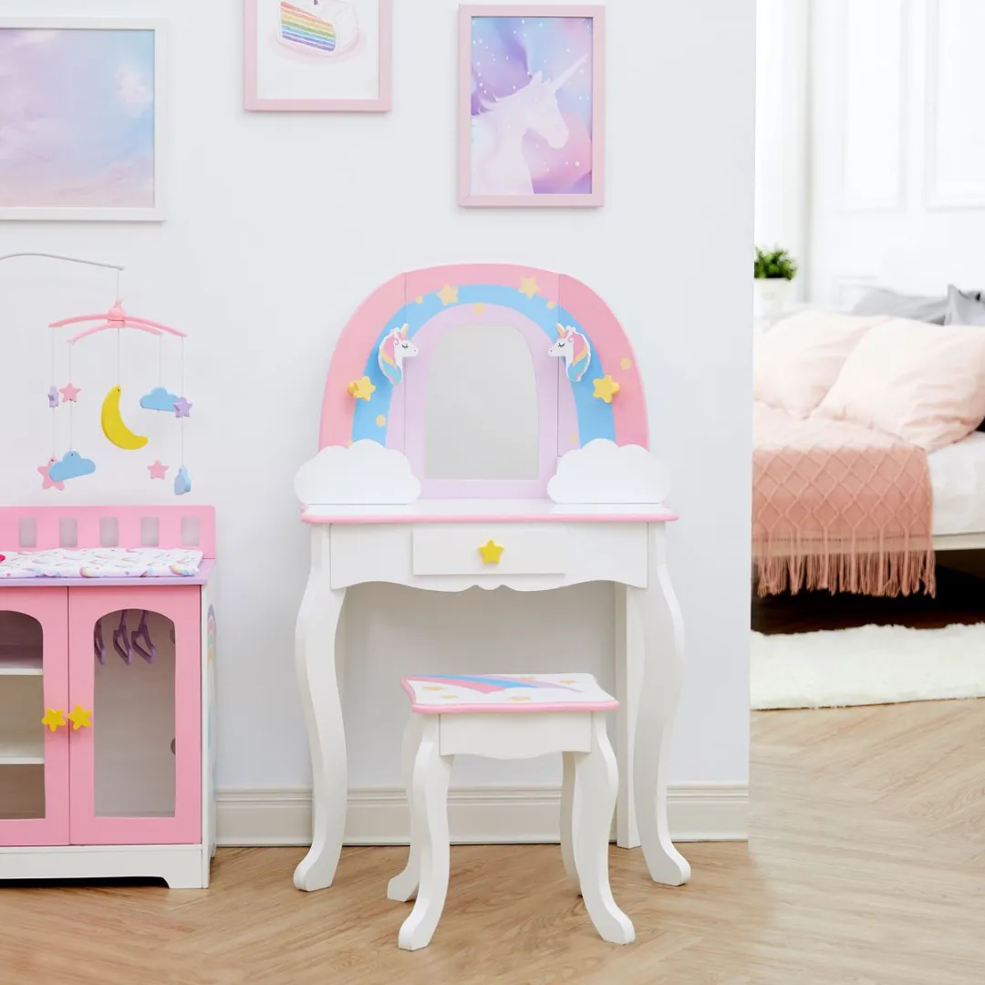 Teamson Kids Houten Kaptafel Roze/Regenboog - Tafel en Stoel Set