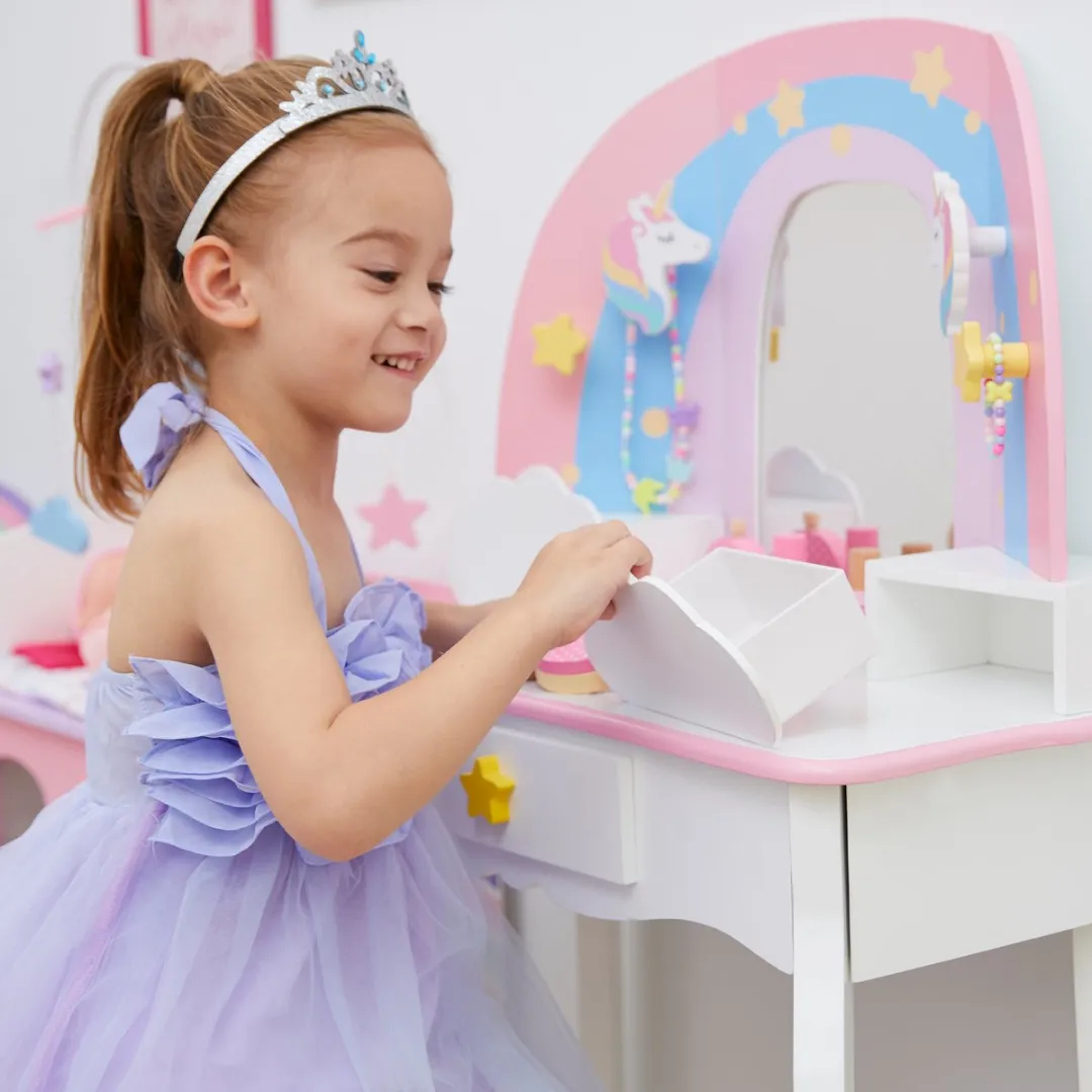 Teamson Kids Houten Kaptafel Roze/Regenboog - Tafel en Stoel Set