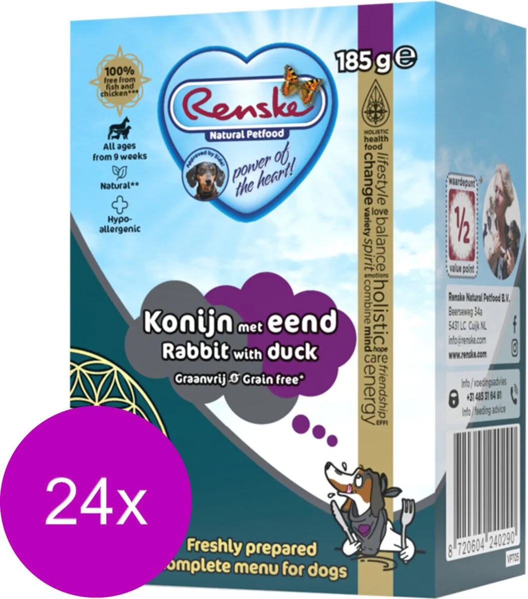 Renske Vers Konijn met Eend Graanvrij Natvoer Hond - 24x185g