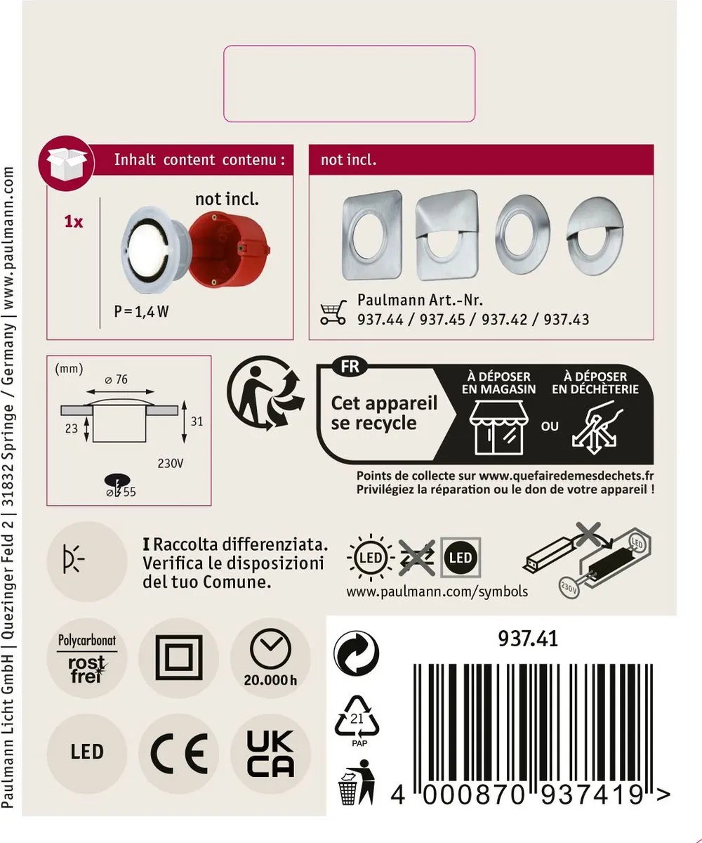Paulmann LED-wandinbouwlamp Special Line IP65 1,4W 60lm 4000K - Opaal