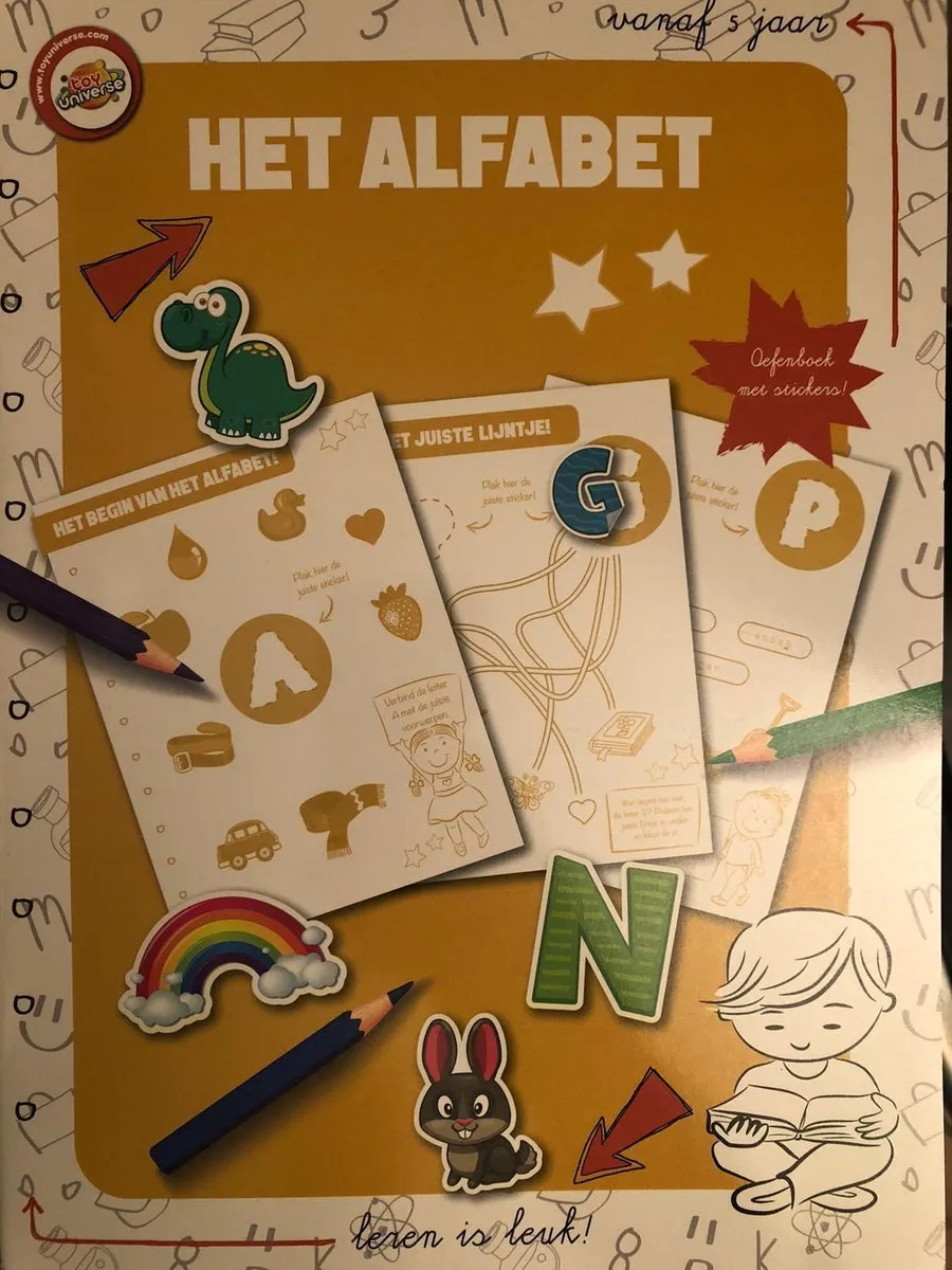 Leren Spelenderwijs het alfabet met letters kijken leuk alfabet boek met stickers en achterin het boek de oplossingen