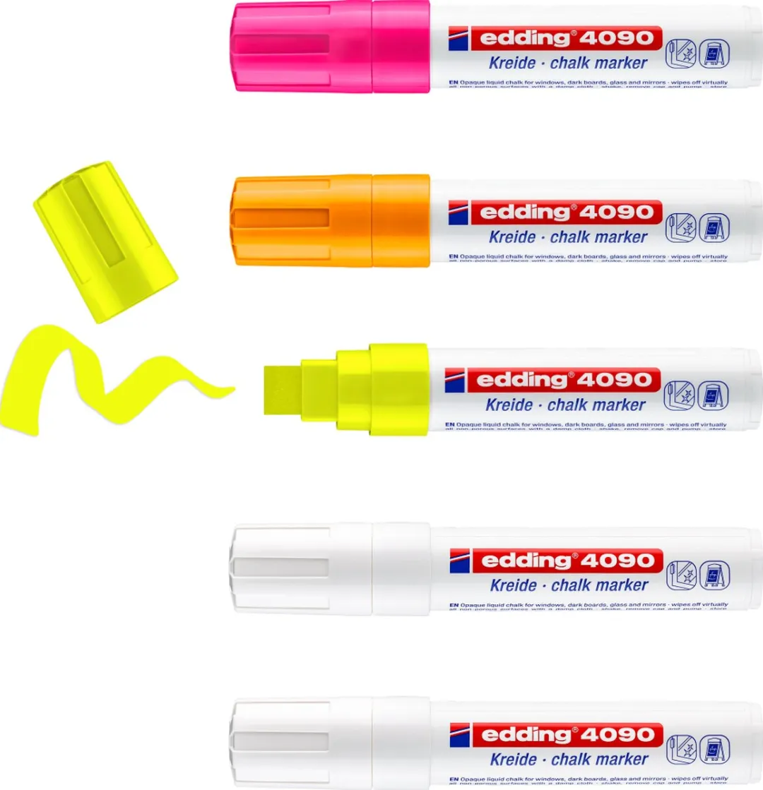 edding 4090 Krijtmarker - 5 Stuks - 2x Wit, Neon Geel/Roze/Orange - afbeelding 6 van 6