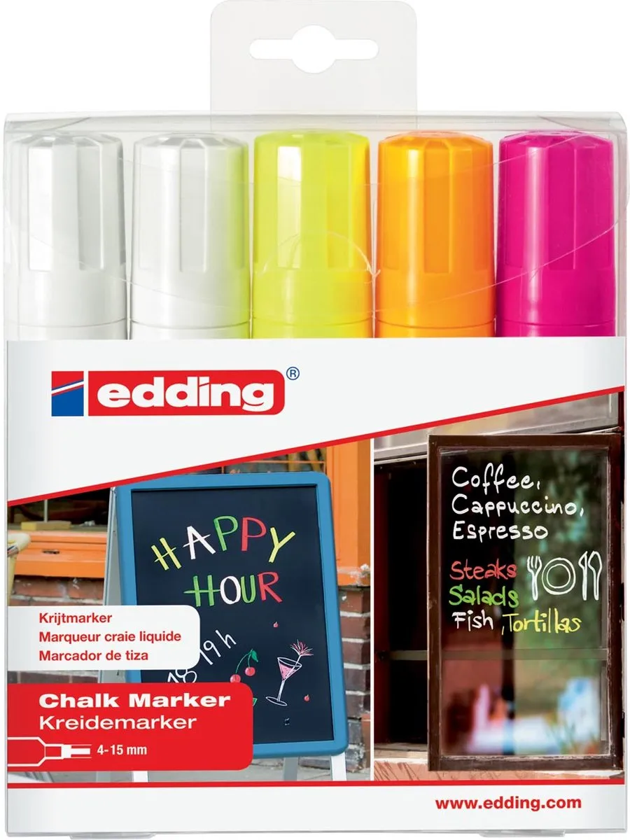 edding 4090 Krijtmarker - 5 Stuks - 2x Wit, Neon Geel/Roze/Orange