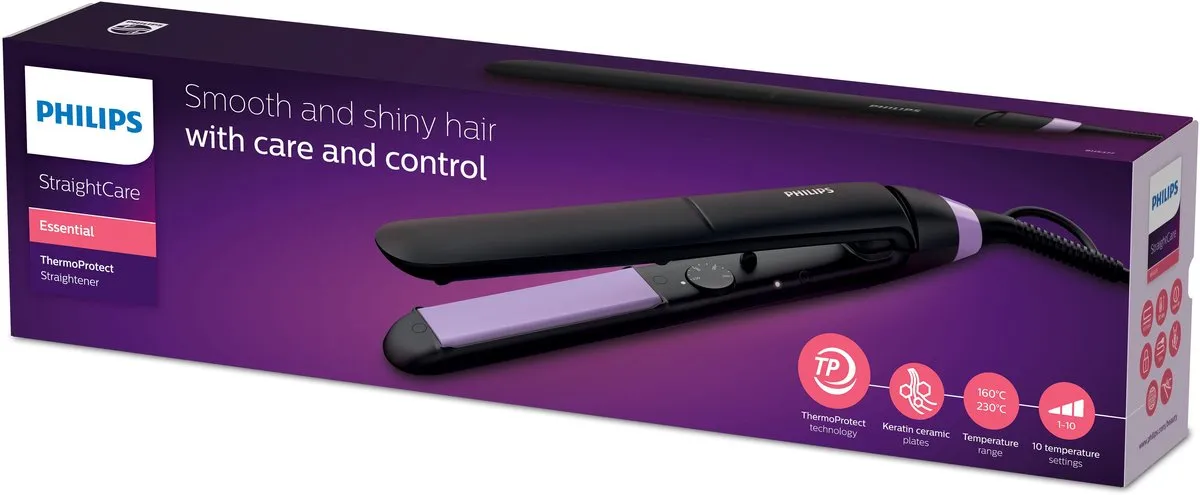 Philips Essential ThermoProtect BHS377/00 Stijltang - 10 standen - Zwart/Paars