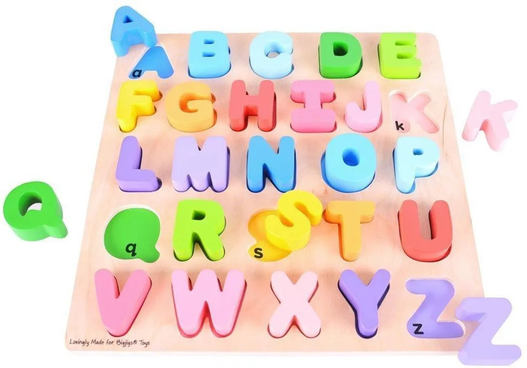 BIGJIGS Houten ABC Puzzel Hoofdletters - 26 Stuks - Blauw