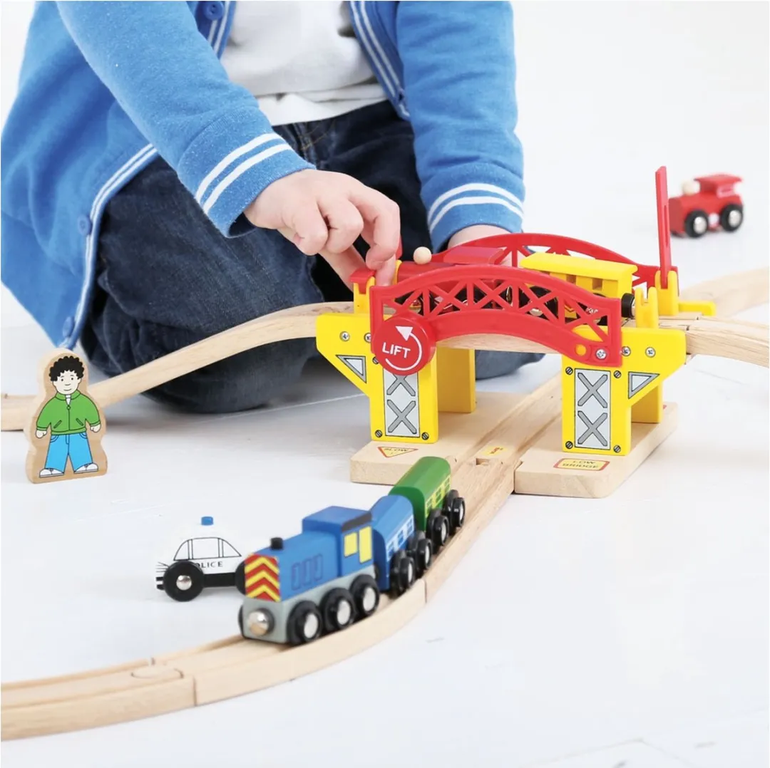 BIGJIGS Treinset Hefbrug BJT189 - Houten treinbaan - Rood