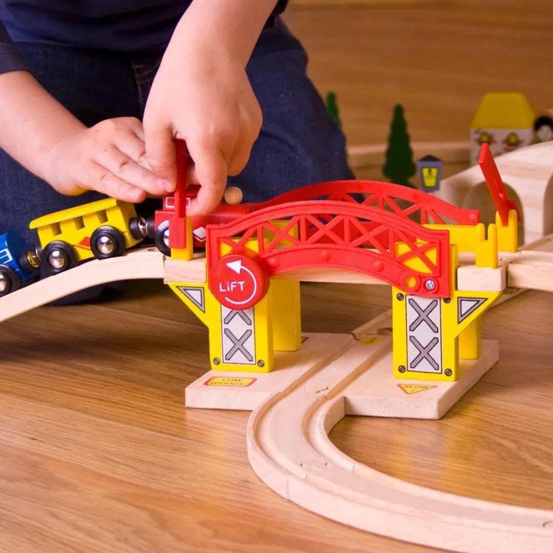 BIGJIGS Treinset Hefbrug BJT189 - Houten treinbaan - Rood