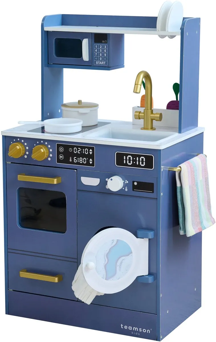Teamson Kids Houten Speelkeuken Blauw - met Wasmachine & Mini Tuin