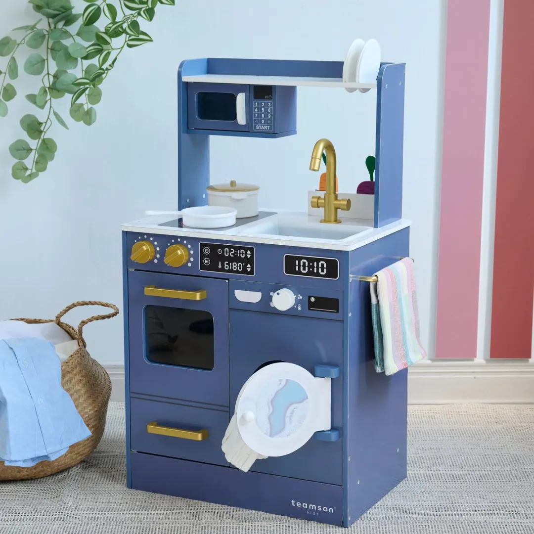 Teamson Kids Houten Speelkeuken Blauw - met Wasmachine & Mini Tuin