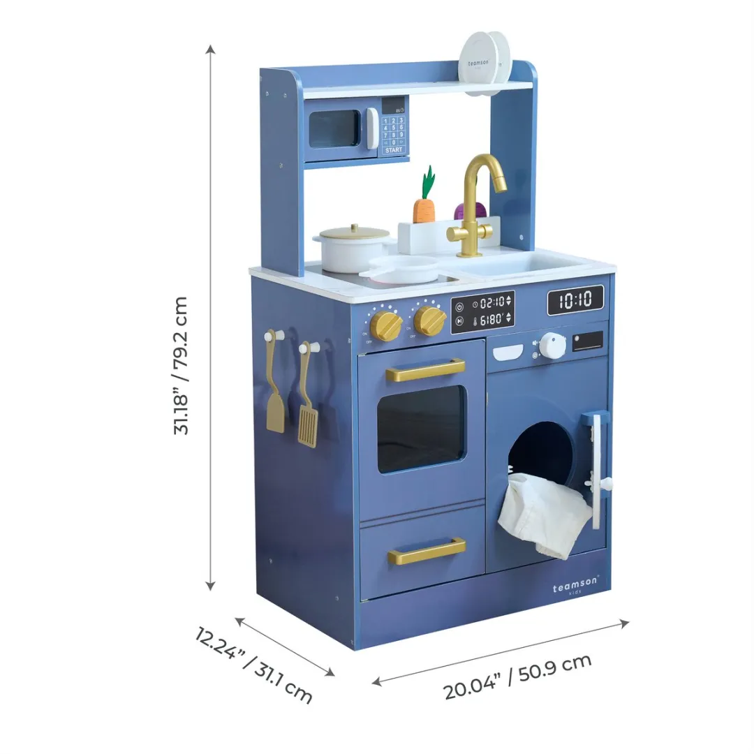 Teamson Kids Houten Speelkeuken Blauw - met Wasmachine & Mini Tuin
