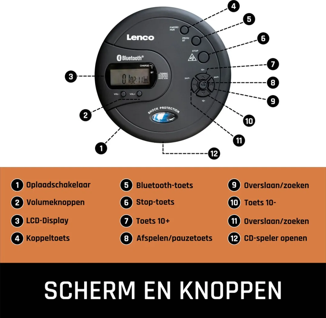 Lenco CD-300BK Discman - Draagbare Bluetooth® CD-MP3 Speler - Anti-Shock bescherming en oplaadbare Batterij - Zwart