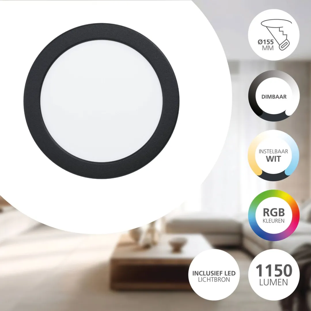 EGLO connect.z Fueva 6-Z Smart Inbouwspot - Badkamer/Buiten - LED - Ø 16.8 cm - Zwart - Instelbaar RGB & wit licht - Dimbaar - Zigbee