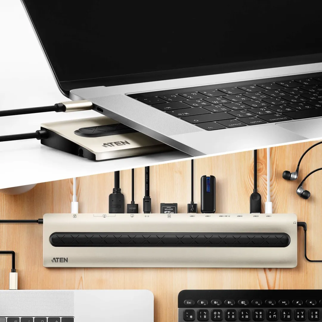 Aten UH3237 USB-C Multipoort Dock - Power Passthrough - Zwart/Goud