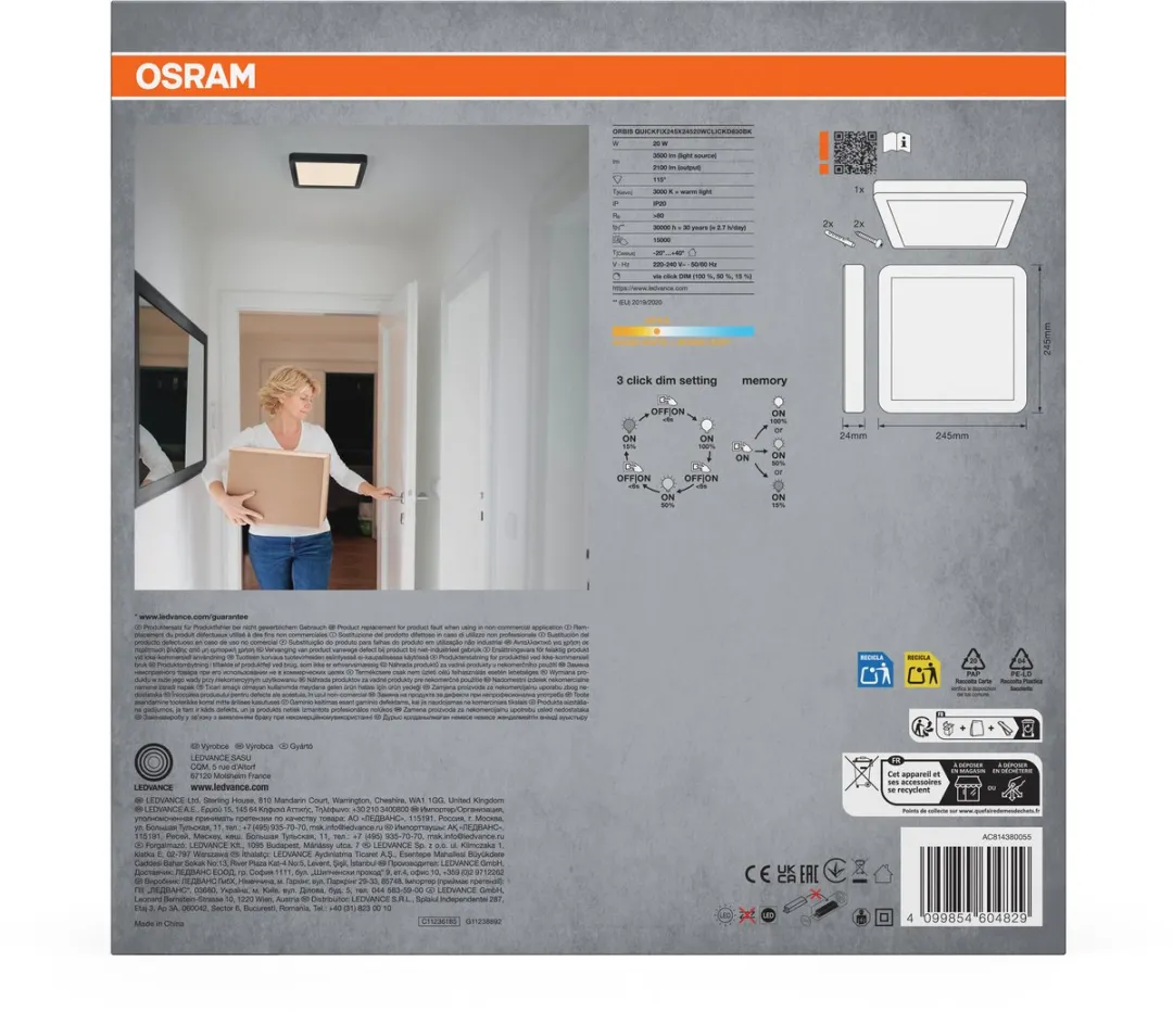 Osram Orbis Quickfix LED Plafondlamp 20W 3000K - 2100lm - Zwart
