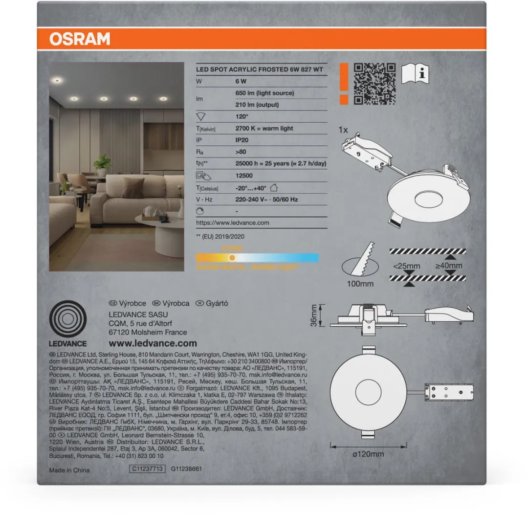 Osram LED Inbouwspot Acryl Mat 6W 2700K - 120mm - Wit