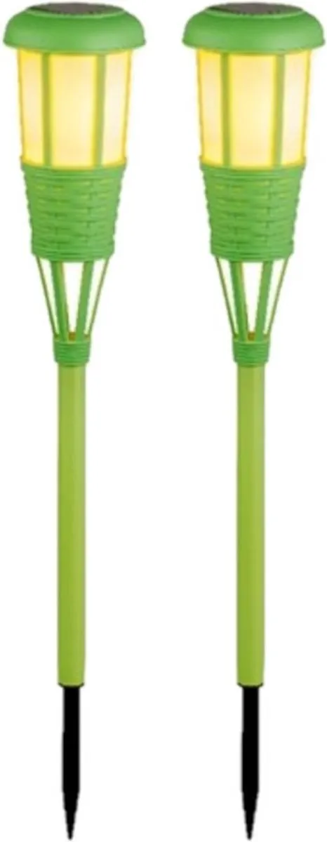 2x stuks solar tuinfakkel/tuinlamp groen op zonne-energie 61 cm - Prikspots tuinverlichting