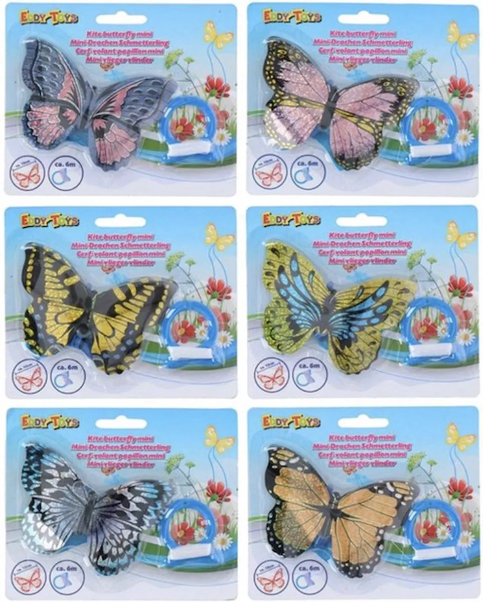Eddy Toys Mini Vlinder Vlieger 10cm - 6m Lijn - Meerkleurig