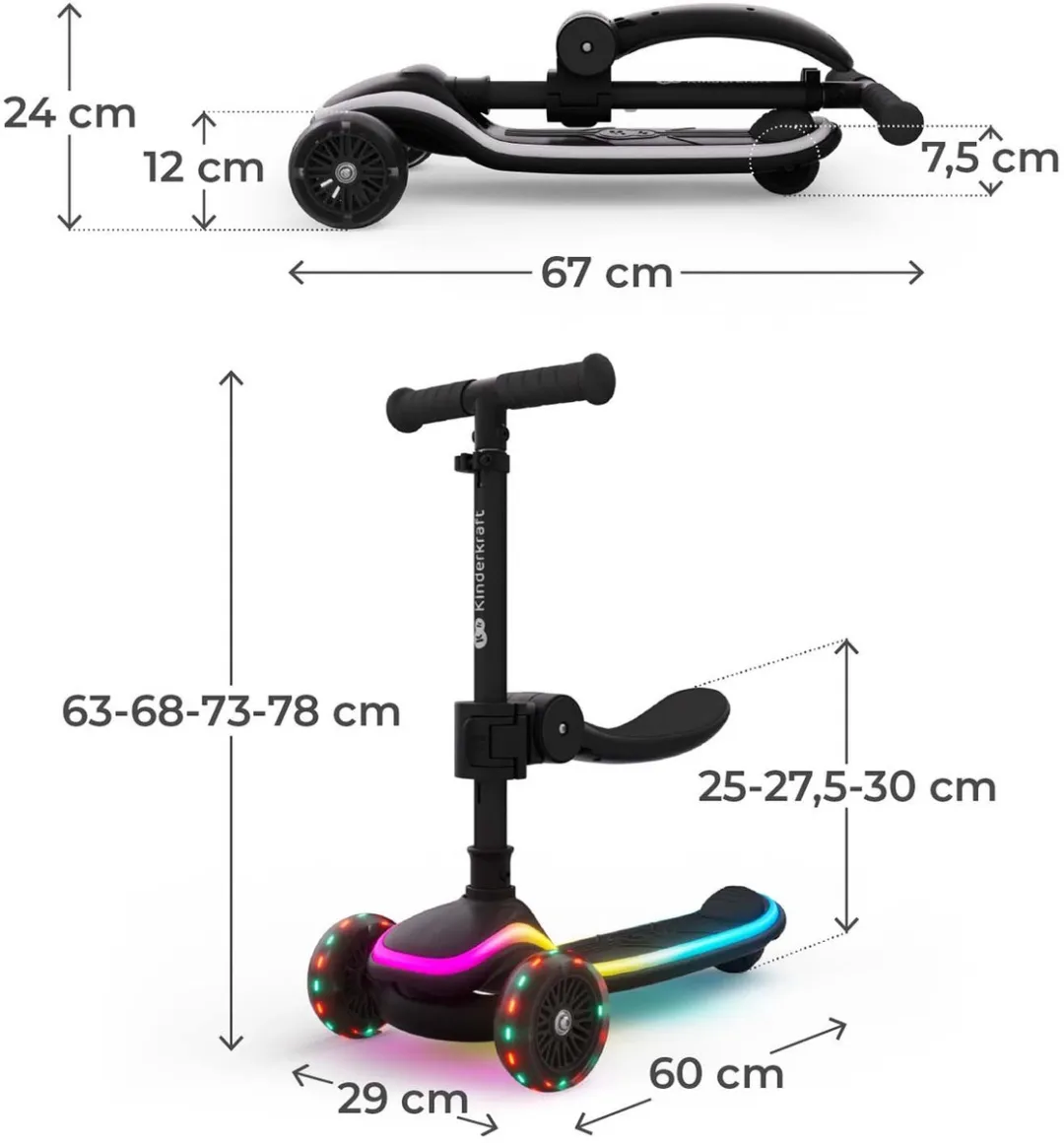 KinderKraft RAKET UP 2-in-1 Loopfiets/Driewieler - 3 Wielen - RGB LED - Opvouwbaar - Zwart
