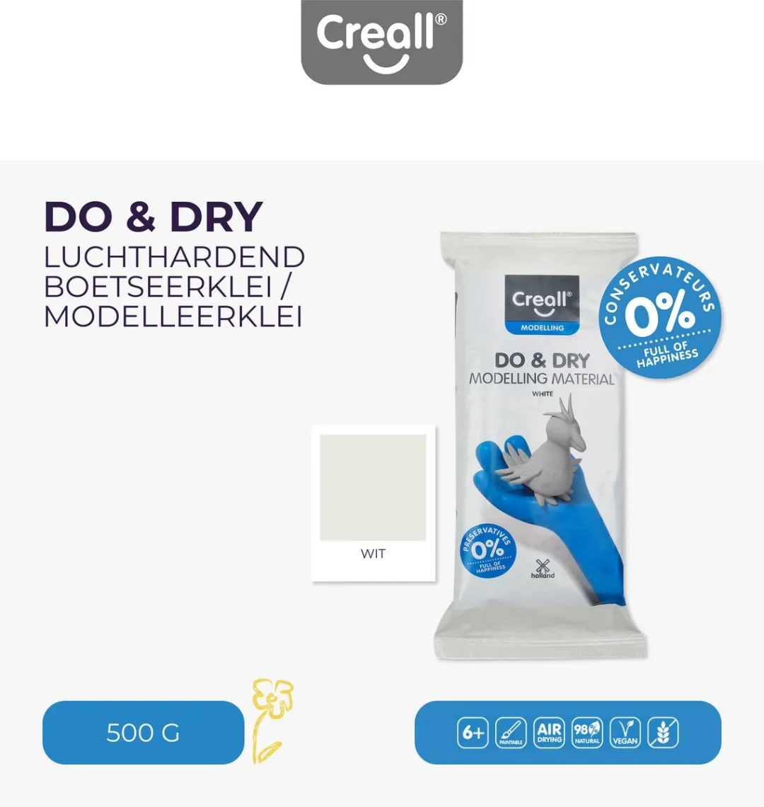 Creall Do & Dry | Luchtdrogende klei kleur Wit| 1 x 500g | Made in Holland | Zacht en klaar voor gebruik | Made in Holland | Knutselwerk kinderen, school, hobby, DIY en creatieve projecten