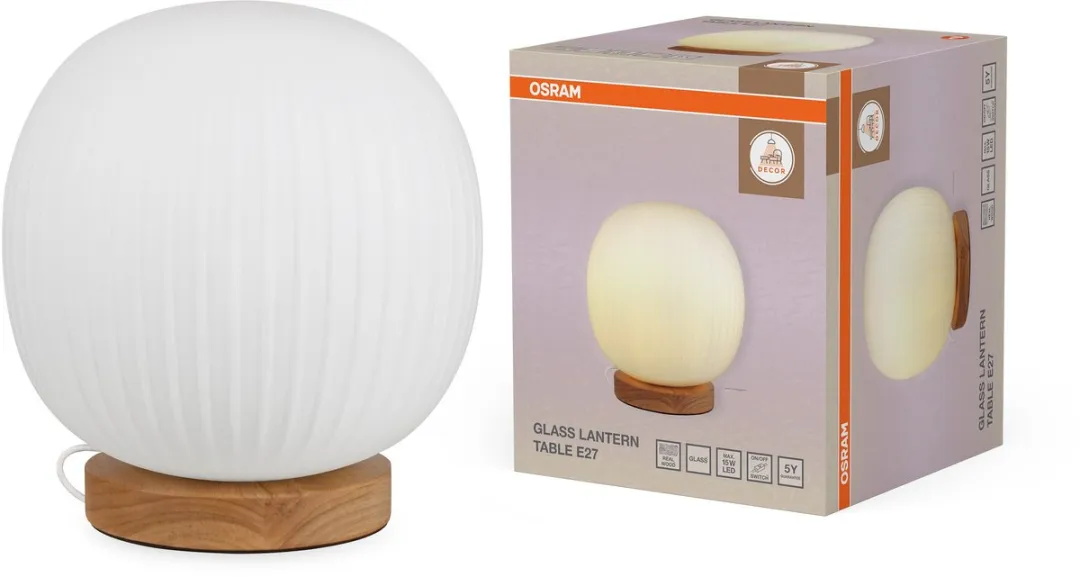Osram Decor Glazen Tafellamp E27 - 310mm - Hout/Rubberhout/Metaal/Glas
