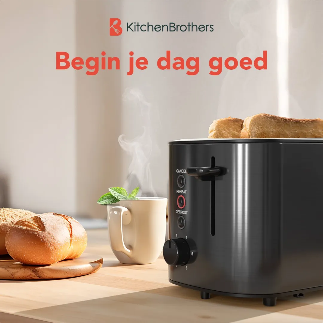 KitchenBrothers KB1004092 Broodrooster - 820W - 2 Sleuven - Retro Gunmetal/Zwart