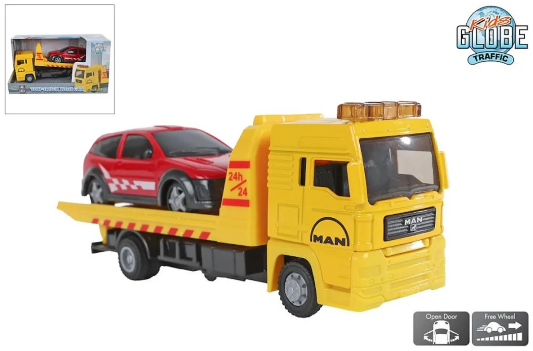 Kids Globe Man Vrachtwagen Bergingswagen met Auto, 19cm