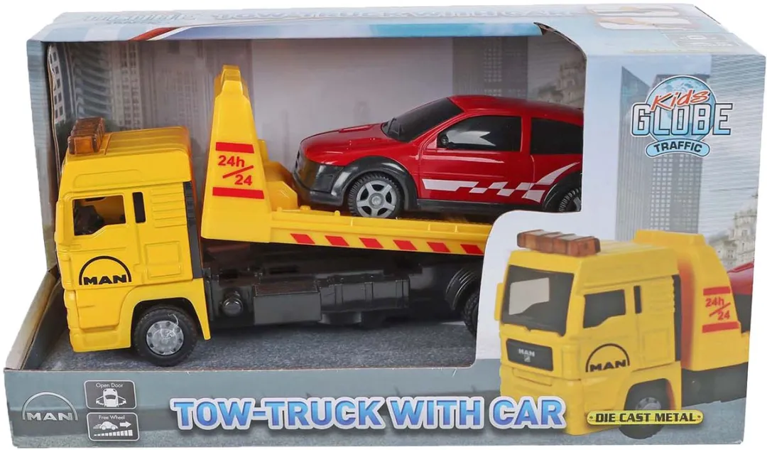 Kids Globe Man Vrachtwagen Bergingswagen met Auto, 19cm