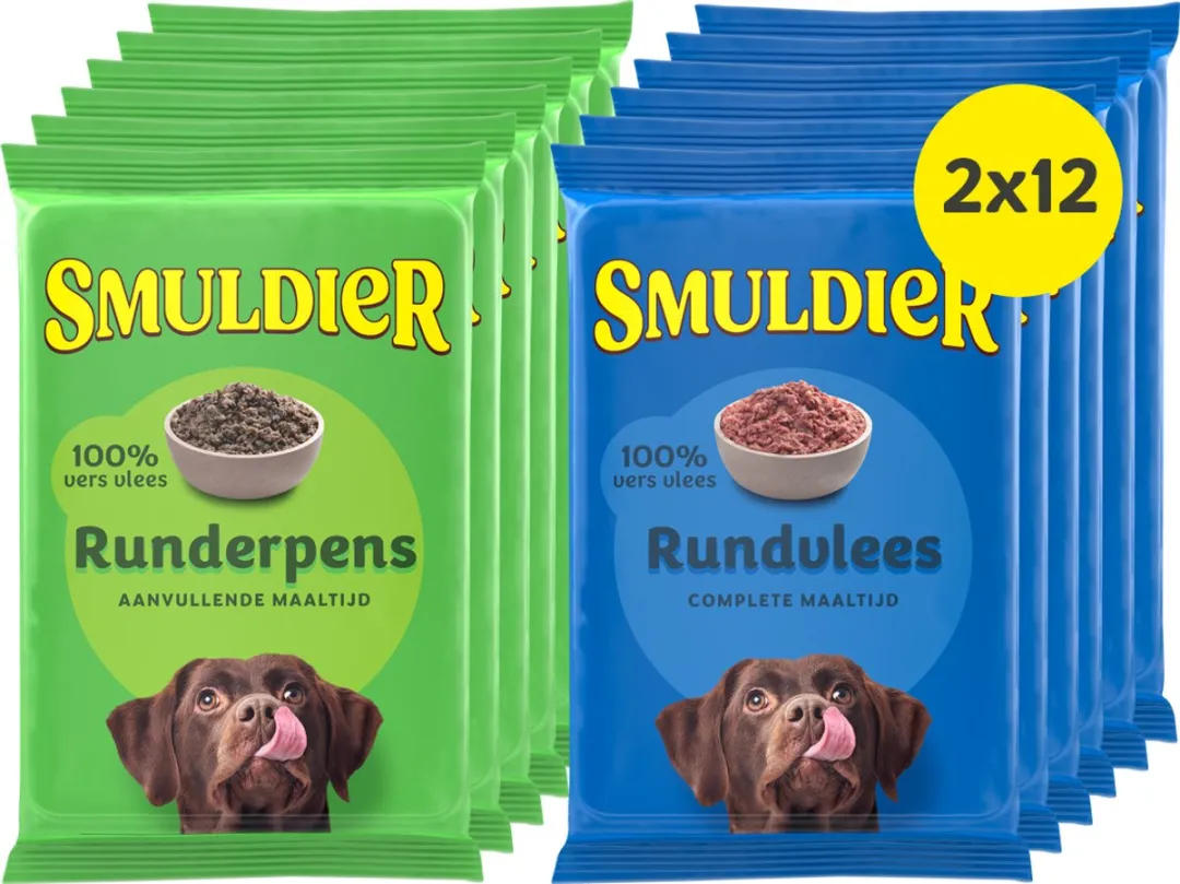 Smuldier Runderpens 400g + Rundvlees 400g | 2x12 st. | aanvullend | diepvries hondenvoer | vers vlees