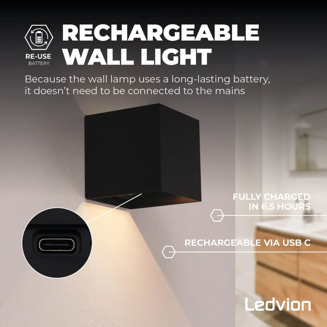 Ledvion USB Oplaadbare Wandlamp met Sensor 4400mAh - Zwart