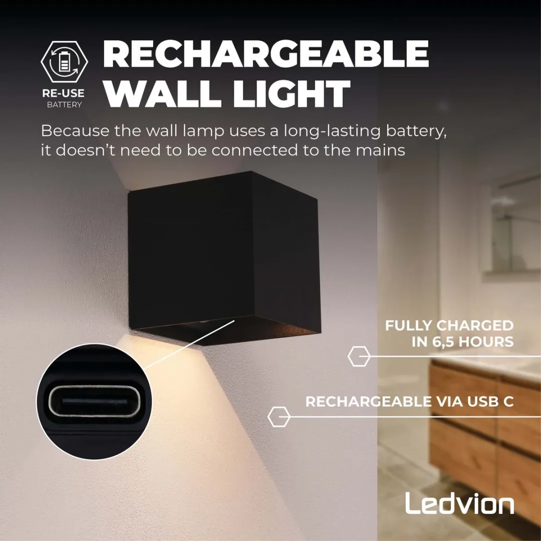 Ledvion USB Oplaadbare Wandlamp met Sensor 4400mAh - Zwart