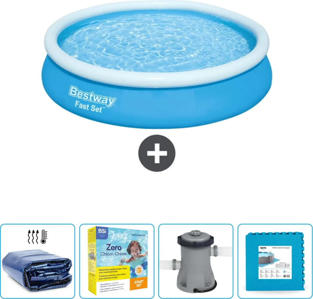 Bestway Rond Opblaasbaar Fast Set Zwembad - 366 x 76 cm - Blauw - Inclusief Solarzeil - Onderhoudspakket - Pomp - Vloertegels