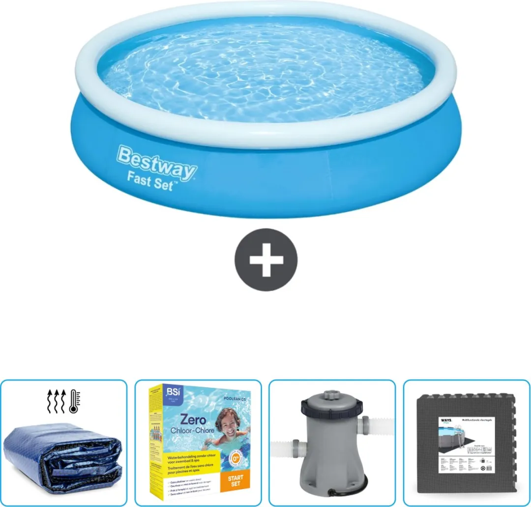 Bestway Rond Opblaasbaar Fast Set Zwembad - 366 x 76 cm - Blauw - Inclusief Solarzeil - Onderhoudspakket - Pomp - Vloertegels