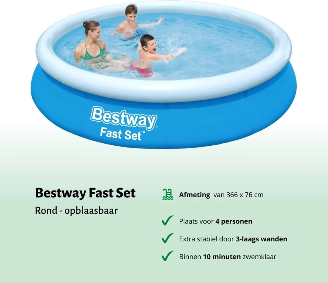 Bestway Rond Opblaasbaar Fast Set Zwembad - 366 x 76 cm - Blauw - Inclusief Solarzeil - Onderhoudspakket - Pomp - Vloertegels