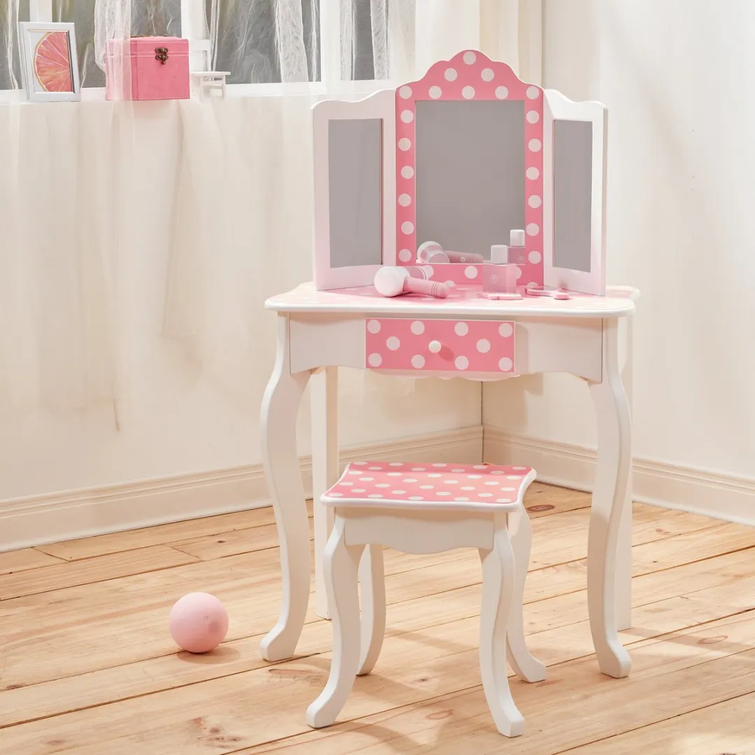 Teamson Kids Kaptafel en Stoel Polka Dot - Roze/Wit
