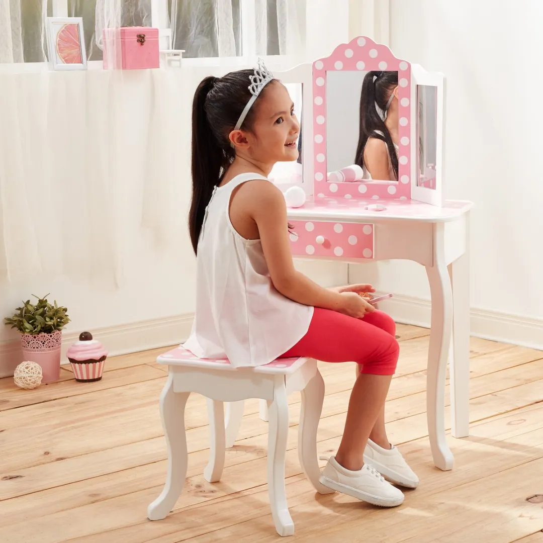 Teamson Kids Kaptafel en Stoel Polka Dot - Roze/Wit