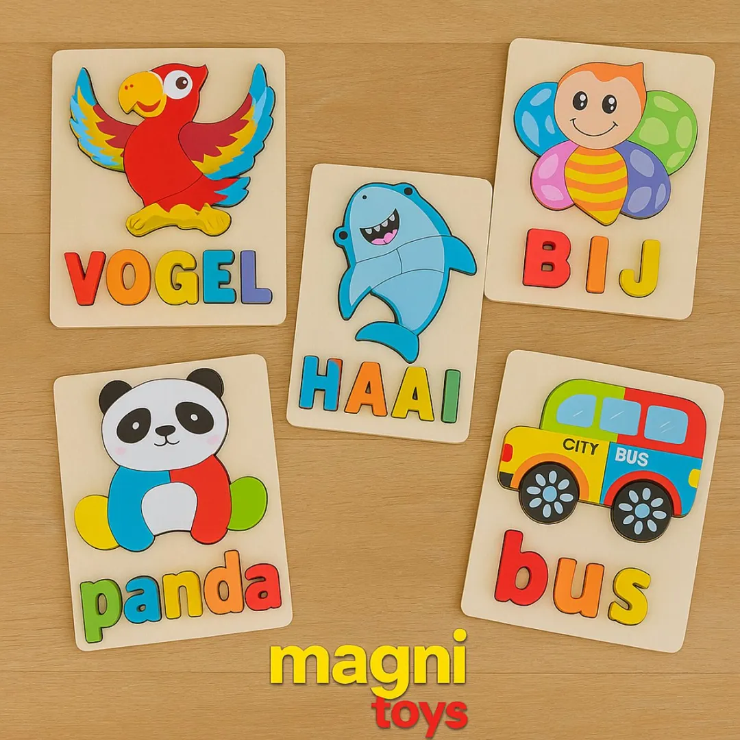 MagniToys Montessori Houten Blokkenpuzzel ABC & Woordenspel - 6 Thema's