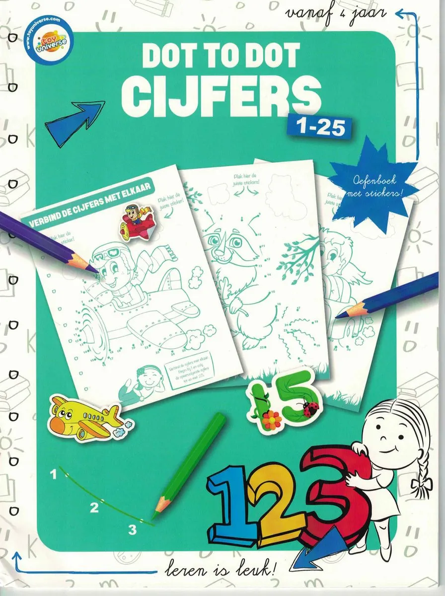 Pakket van Leren is leuk - Leren schijven - Het alfabet - Dot to dot alfabet - Spelling - Dot to dot cijfers - Rekenen - stickerboek