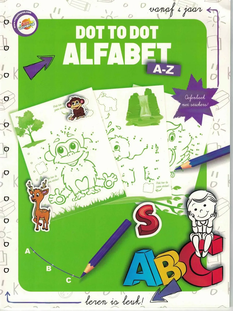 Pakket van Leren is leuk - Leren schijven - Het alfabet - Dot to dot alfabet - Spelling - Dot to dot cijfers - Rekenen - stickerboek