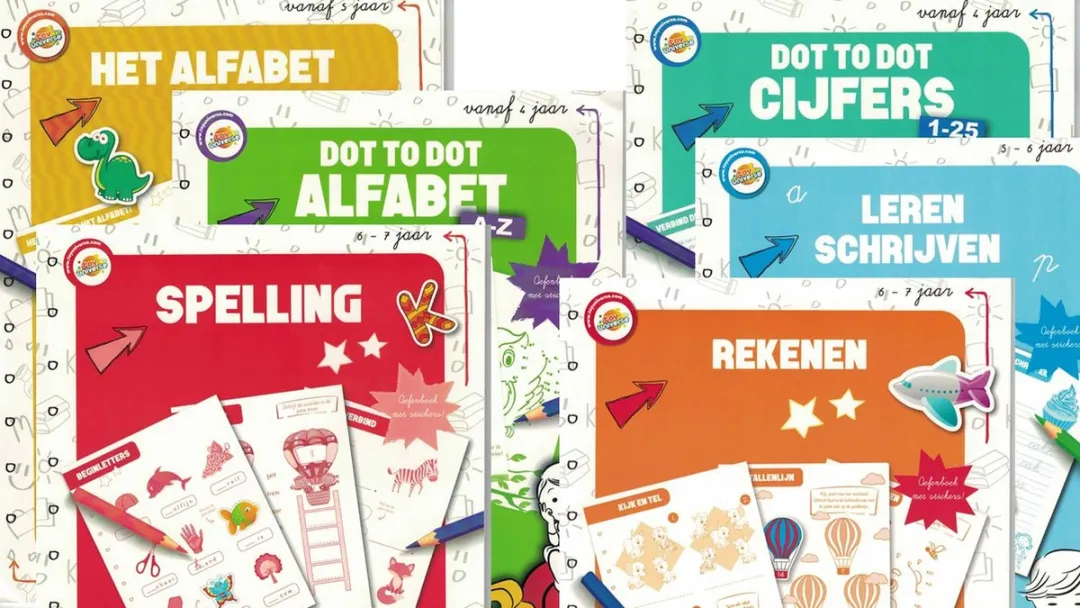 Pakket van Leren is leuk - Leren schijven - Het alfabet - Dot to dot alfabet - Spelling - Dot to dot cijfers - Rekenen - stickerboek