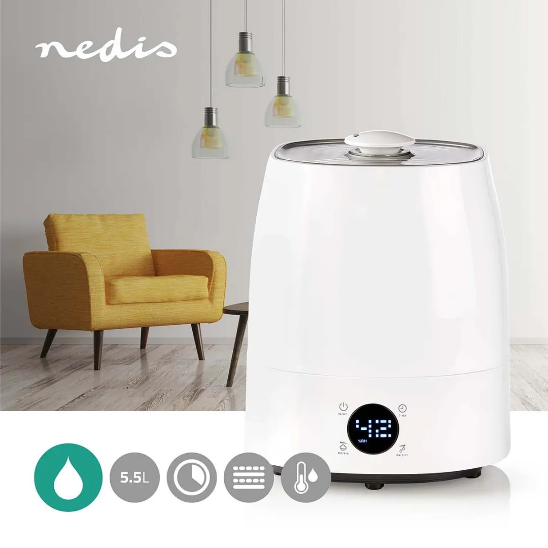 Nedis Luchtbevochtiger – 5,5L – Warme & Koele Mist – Timer – 50m² – Grijs/Wit