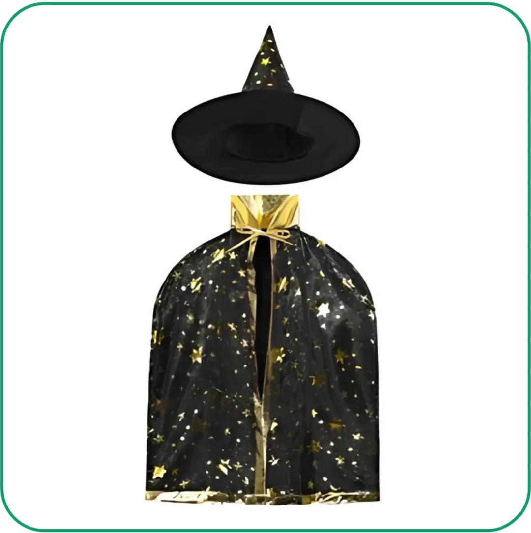 Jobber Toys Tovenaar Cape & Hoed Heksenkostuum 3-7 jaar - Zwart/Goud