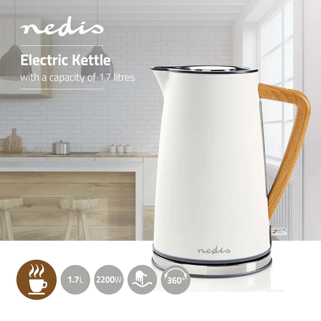 Nedis Waterkoker - 1.7 l - Roestvrij Staal / Soft-Touch - Wit - 360 graden draaibaar - Verborgen verwarmingselement - Strix-controller - Droogkookbeveiliging